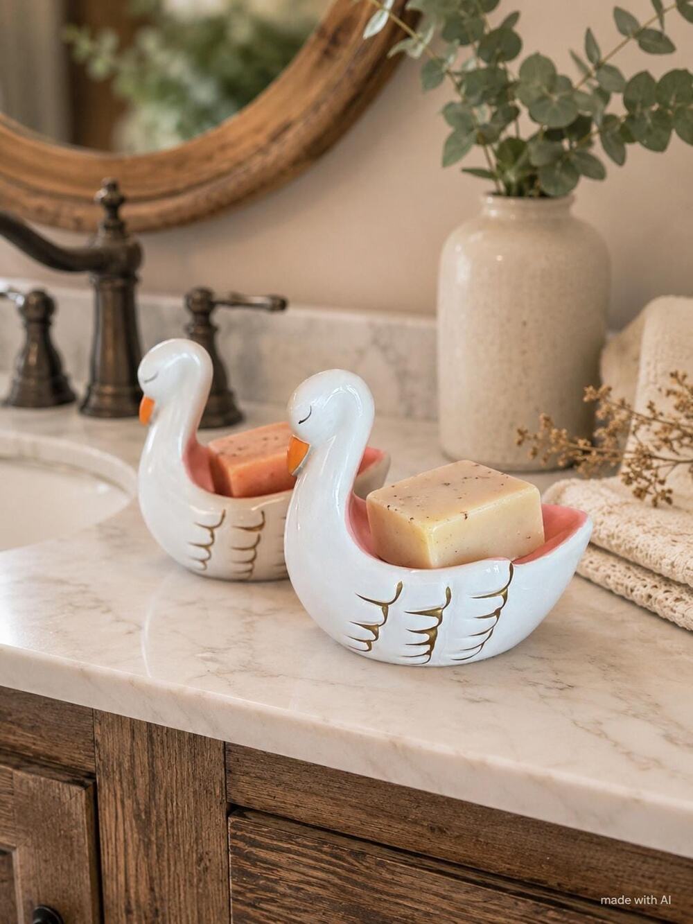 Ceramic Swan Soap Dish Set | White Pink Gold Bathroom Vanity Tray